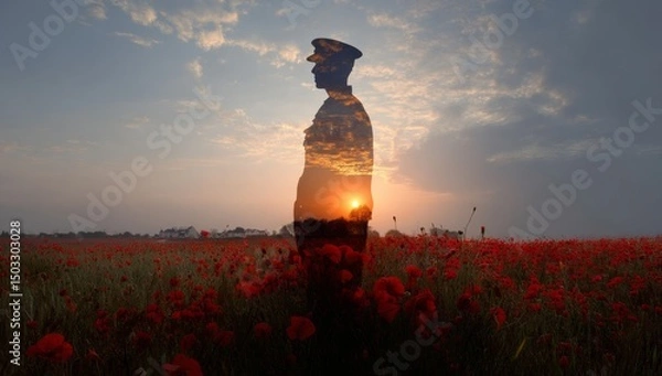 Obraz A double exposure of the silhouette of an old soldier standing among poppies at sunset.	