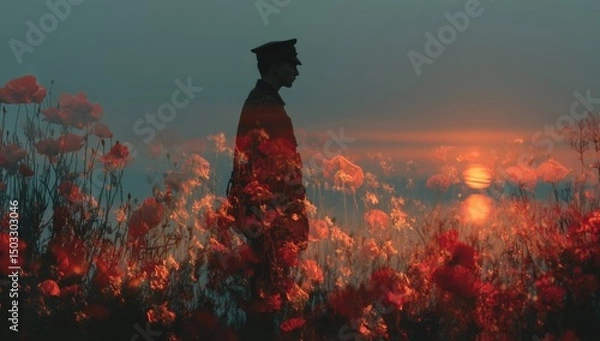 Obraz A double exposure of the silhouette of an old soldier standing among poppies at sunset.	