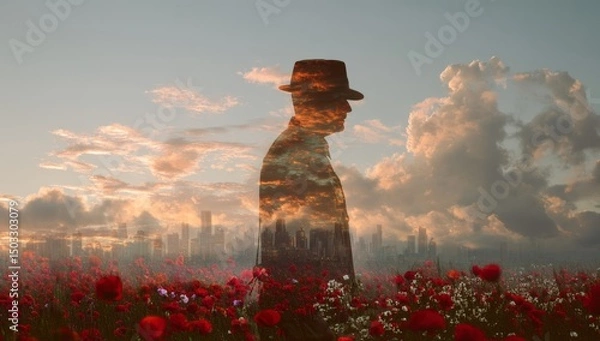 Obraz A double exposure of the silhouette of an old soldier standing among poppies at sunset.	