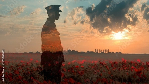 Obraz A double exposure of the silhouette of an old soldier standing among poppies at sunset.	