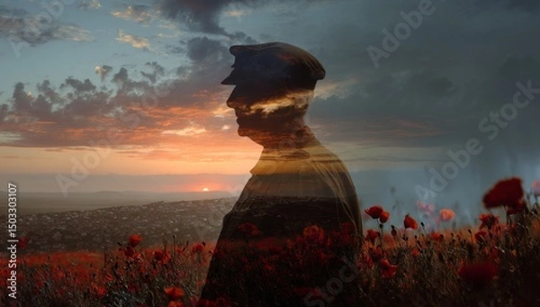 Obraz A double exposure of the silhouette of an old soldier standing among poppies at sunset.	