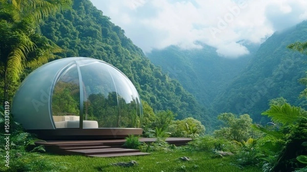 Fototapeta Transparent spherical tent in open mountain nature, unique summer getaway blending with the forest