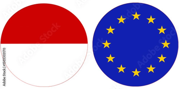 Obraz Indonesia Official Flag with European Union or Europe National flag, both countries flags are in Round shape and isolated on white background, Circular colorful design Flag with together.