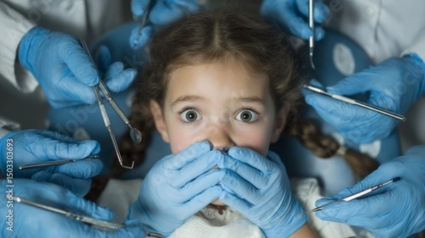 Obraz A little scared girl sitting on the dentist's chair.