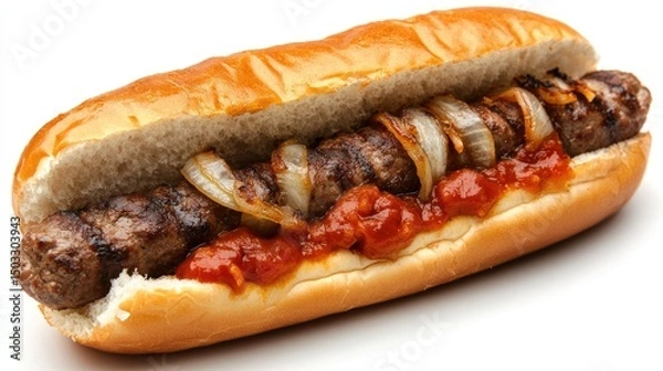 Obraz South African-style hot dog with boerewors, grilled onions, and tomato sauce in a roll, placed against a clean white background.