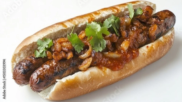 Obraz South African-style hot dog with boerewors, grilled onions, and tomato sauce in a roll, placed against a clean white background.