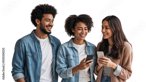 Obraz Smiling Diverse Friends Using Smartphones