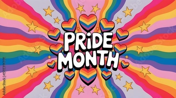 Fototapeta Pride Month text englazed over a rainbow background decorated with hearts and stars, Pride Month celebrations, LGBTQ art