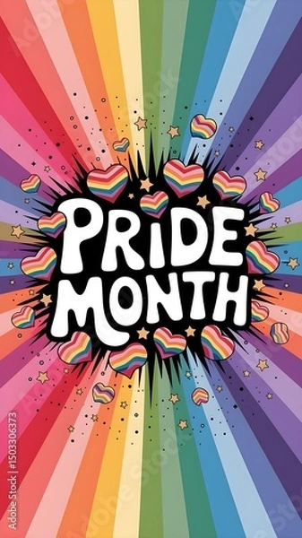 Fototapeta Pride Month text englazed over a rainbow background decorated with hearts and stars, Pride Month celebrations, LGBTQ art