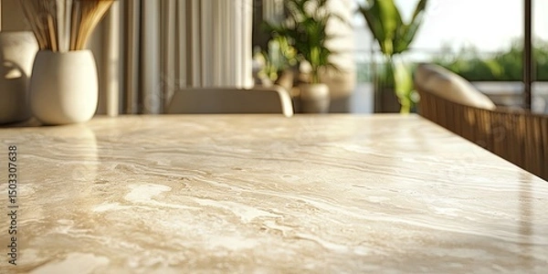 Obraz Beige marble table top, sunlit interior