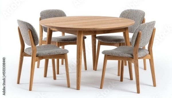 Obraz A round wooden dining table with four chairs.