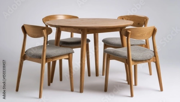 Obraz A round wooden dining table with four chairs.