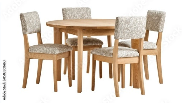 Obraz A round wooden dining table with four chairs.