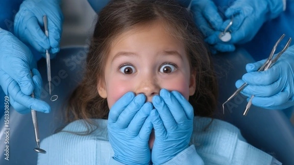 Obraz A little scared girl sitting on the dentist's chair.