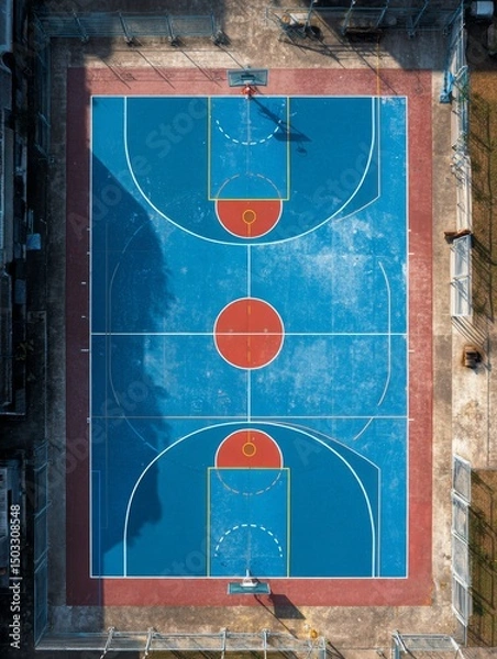 Obraz Top view of a basketball court in blue and red color.