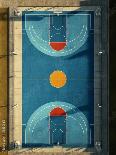 Obraz Top view of a basketball court in blue and red color.