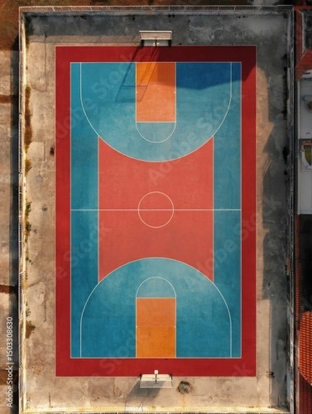 Obraz Top view of a basketball court in blue and red color.