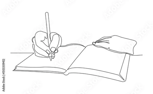 Fototapeta Continuous line drawing of hand writing on book paper with pen. Vector illustration sketch business education concept editable stroke