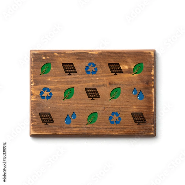 Fototapeta Wooden Signboard with Eco Icons and Green Symbols – Sustainability Message for World Environment Day 2025