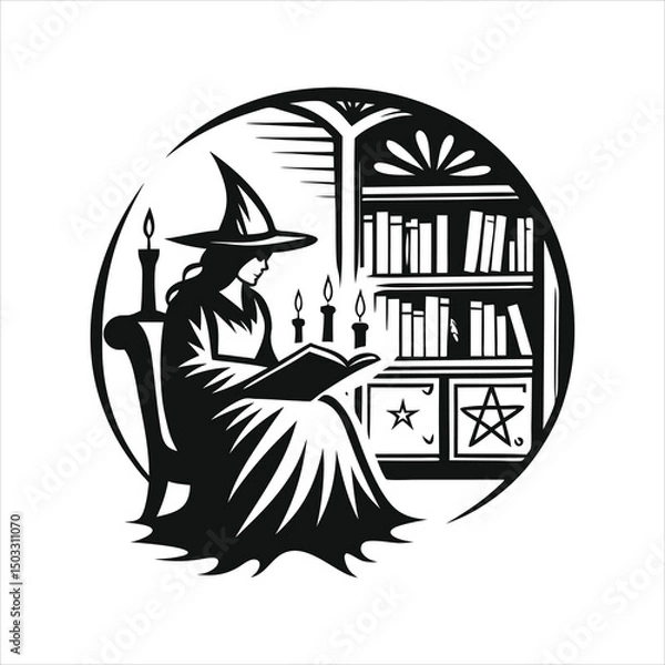 Obraz dark academia witch reading ancient books by candl