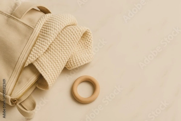 Obraz Baby blanket and wooden teething ring in beige diaper bag  