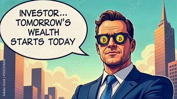 Fototapeta An editorial-style artwork of a confident investor in a suit, with sunglasses displaying digital currency icons, and a speech bubble saying "Tomorrow’s Wealth Starts Today"