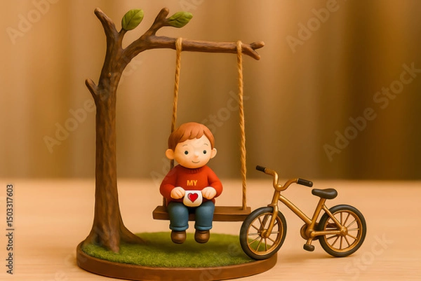 Fototapeta A charming miniature of a child sitting on a swing beneath a tree, holding a heart-marked cup with a golden bicycle nearby, captures the warmth, innocence, and simple joys of childhood.
