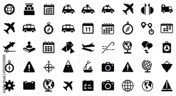Fototapeta This travel icon vector set offers a black silhouette collection of isolated web symbols 