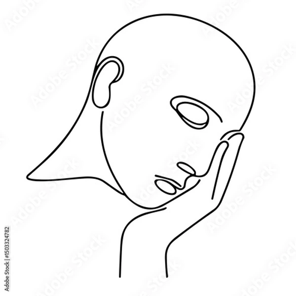 Obraz Line drawing of a human face resting on a hand in contemplation  