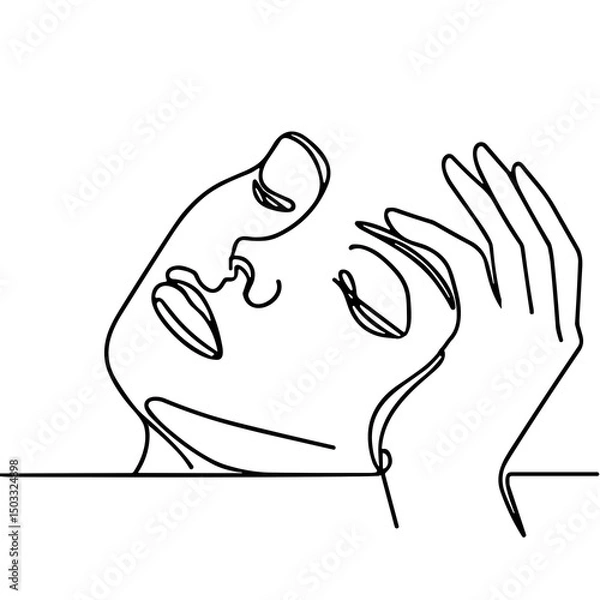 Obraz Simple line art of a woman's face with hand touching head  