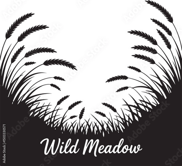 Fototapeta Black and white silhouette of wheat stalks with "Wild Meadow" text, ideal for nature, farming, and countryside-themed designs.