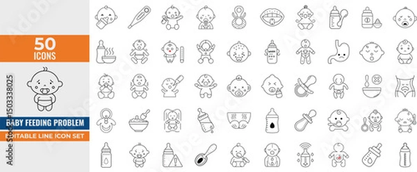 Fototapeta Baby Feeding Problem Icon Set – Vector Line Illustrations of Food Allergy, Colic, Reflux, Spitting, Crying, Discomfort, Temperature & Spoon