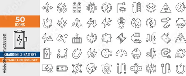 Fototapeta Charging & Battery Line Icon Set – Editable Vector Icons of Power, Energy, Electric Vehicles, Chargers, and Charging Stations