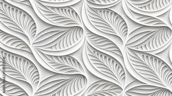 Fototapeta White Intricate Leaf Pattern, 3D Texture Design, Wall Decor 3D wallpaper, leaf pattern