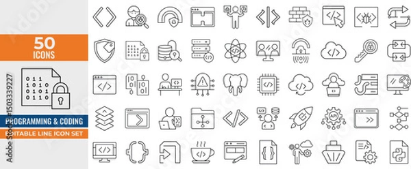 Fototapeta Programming & Coding Line Icon Set – Editable Vector Icons for Developers, Software Development, APIs, IT, and Code Tools