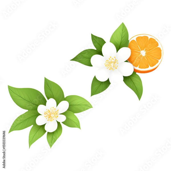 Fototapeta Orange with Slice and Blossom – Elegant Citrus Arrangement on Transparent Background for Packaging Design