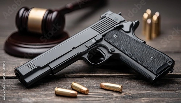 Obraz Pistol and Gavel on Wooden Surface