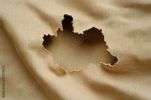 Fototapeta Beige fabric with a torn hole revealing the underlying layer.