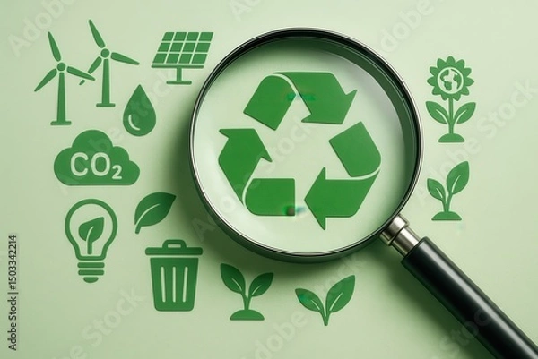 Fototapeta Focus on Sustainability: A captivating composition featuring a magnifying glass, thoughtfully centered over a prominent recycling symbol.