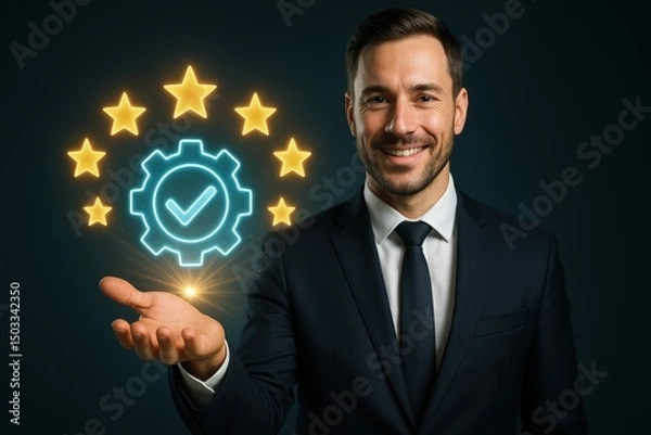 Fototapeta Quality Assurance: A charismatic business professional presents a vivid illustration of quality assurance with beaming stars, emphasizing his dedication to excellence. 