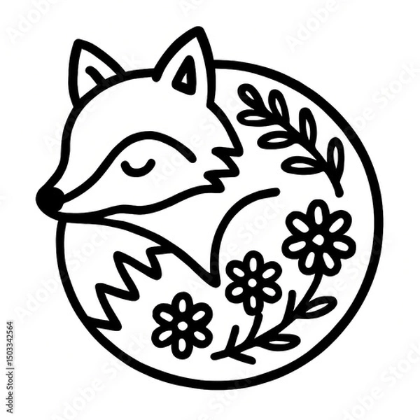Obraz Charming Fox Line Art with Floral Elements, Bold line