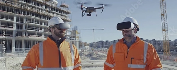 Obraz Construction Workers Using Vr Headsets and Drone on Site