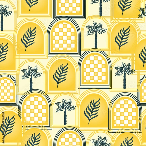 Fototapeta Mobile Summer  seamless pattern tropical  palm tree with in arch modern vector summer  geometric print for wallpaper, textile design , repeat background .
