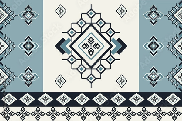 Fototapeta Ethnic tribal textile design with bold diamond center motifs and layered geometric elements in blue and ivory. Ideal for fabric, craft paper, and apparel.
