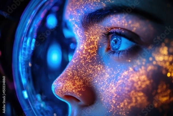 Fototapeta Young scientist observes microbes in a laboratory setting, showcasing a vibrant arrangement of petri dishes illuminated by blue light