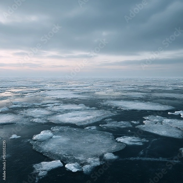Fototapeta Frozen ocean surface with scattered ice floes under overcast sky at winter twilight