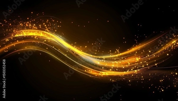 Obraz Abstract golden, glowing wave on a black background with glitter and bokeh lights effect.