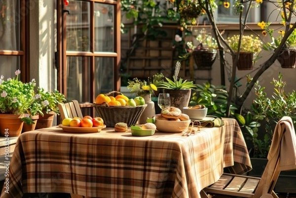 Obraz A cozy breakfast table set with a checkered cloth, surrounded by potted plants and fresh fruits in an outdoor garden setting.