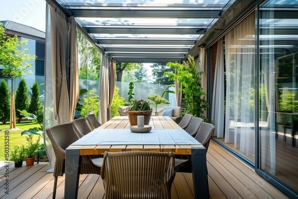 Obraz Modern garden terrace with a large table and chairs, covered by a transparent roof, wooden floor.