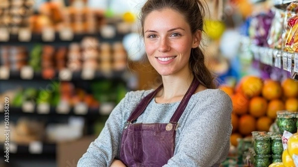 Fototapeta Smiling Grocer Portrait Close-up Composition, Produce Background, Happy Employee Concept, Grocery Store, Retail Grocery, Retail